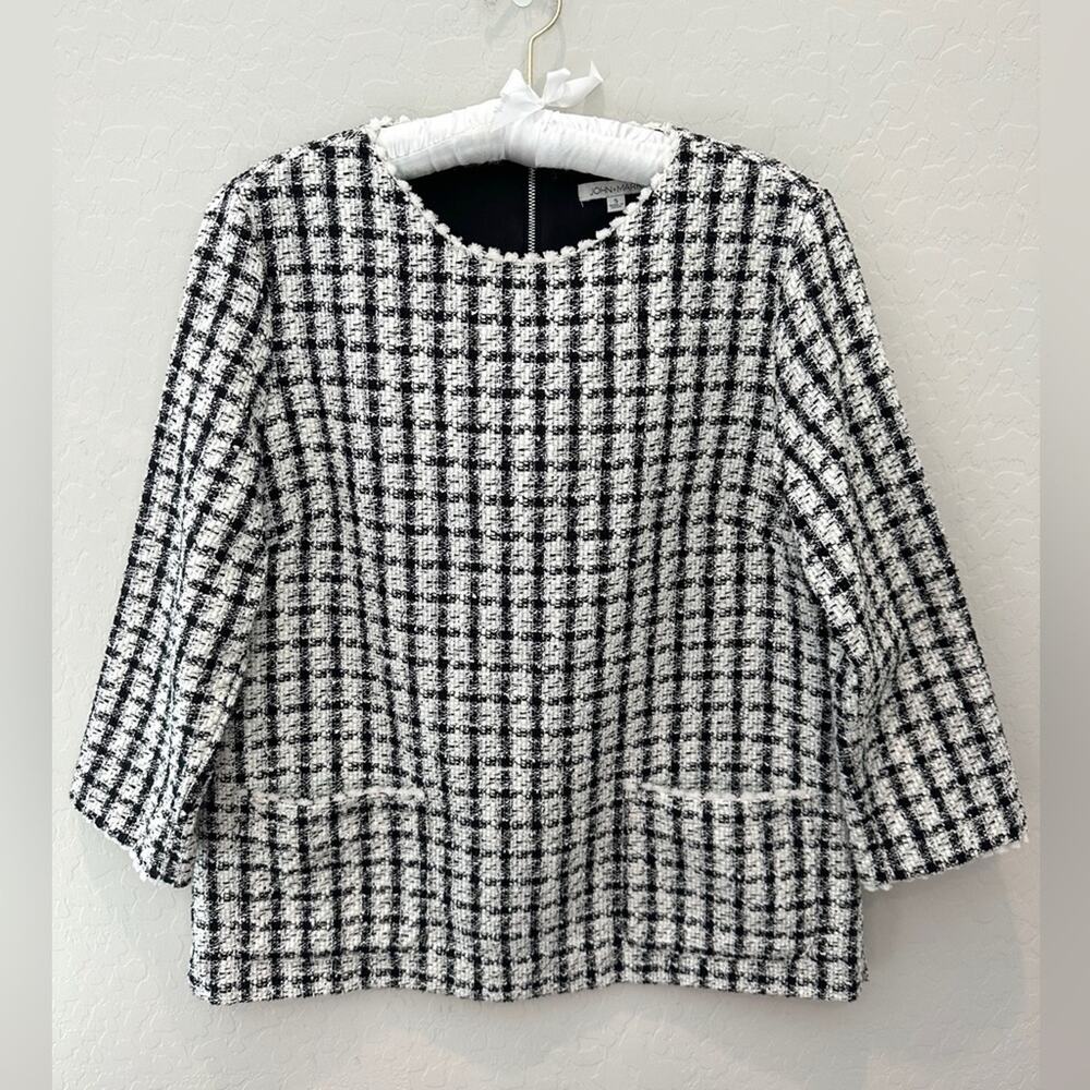 JOHN MARK | Houndstooth Bouclé Tunic Top Black White Pockets Lined | Small